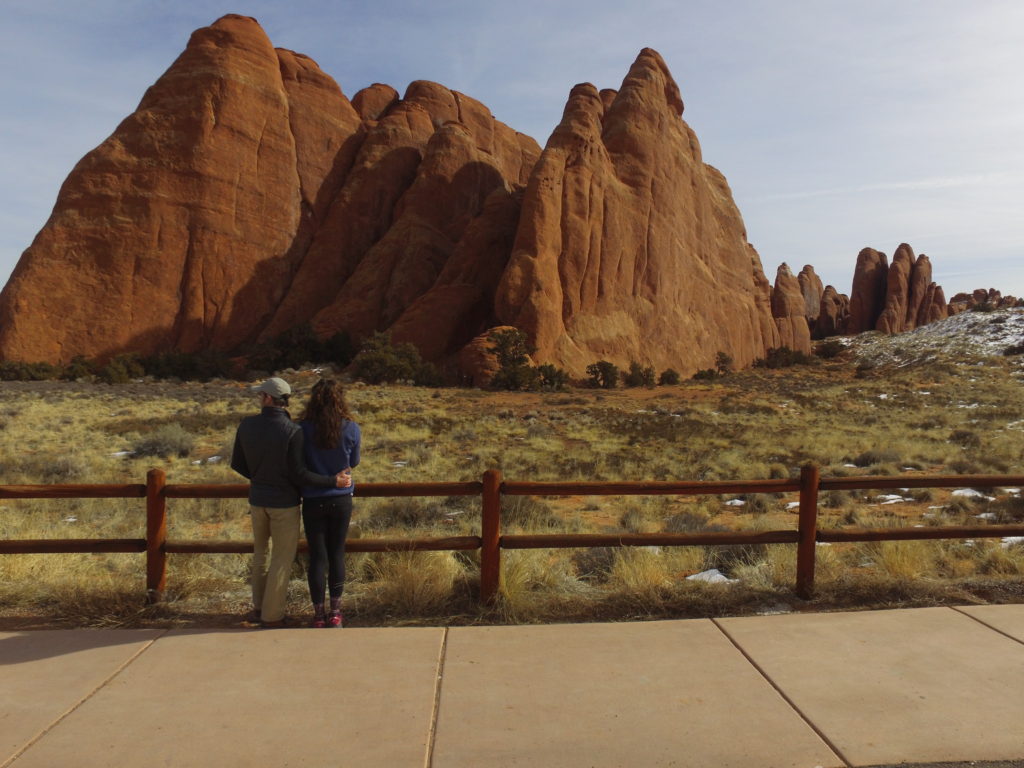 Pausing to take in the view before we head down another trail in Arches National Park.