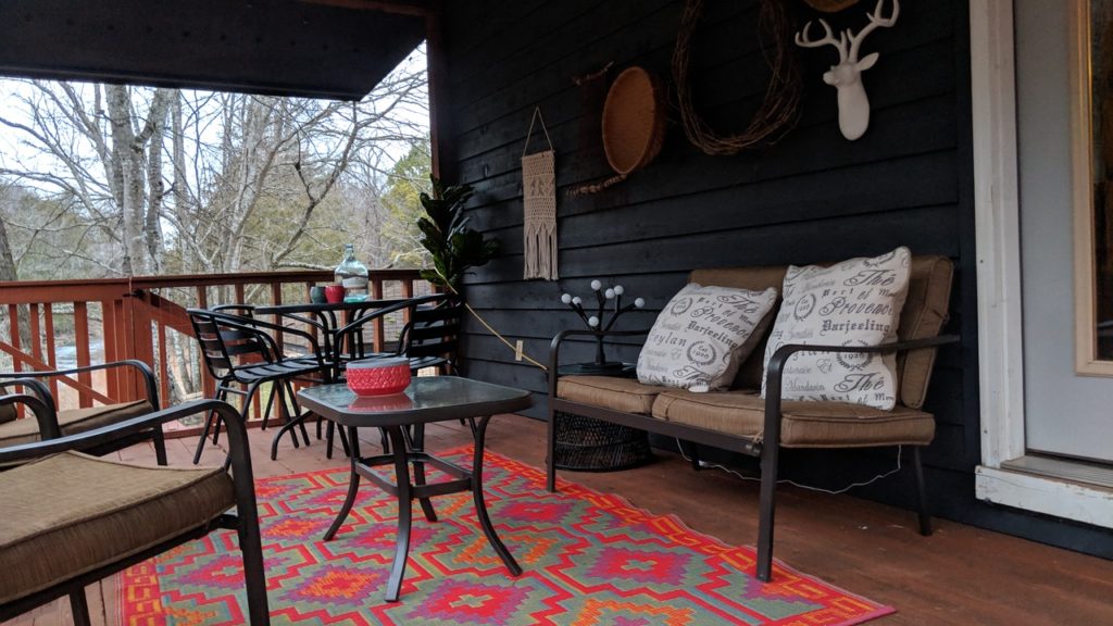 The balcony of cabin that would home us for a weekend in Mountain View, Arkansas.