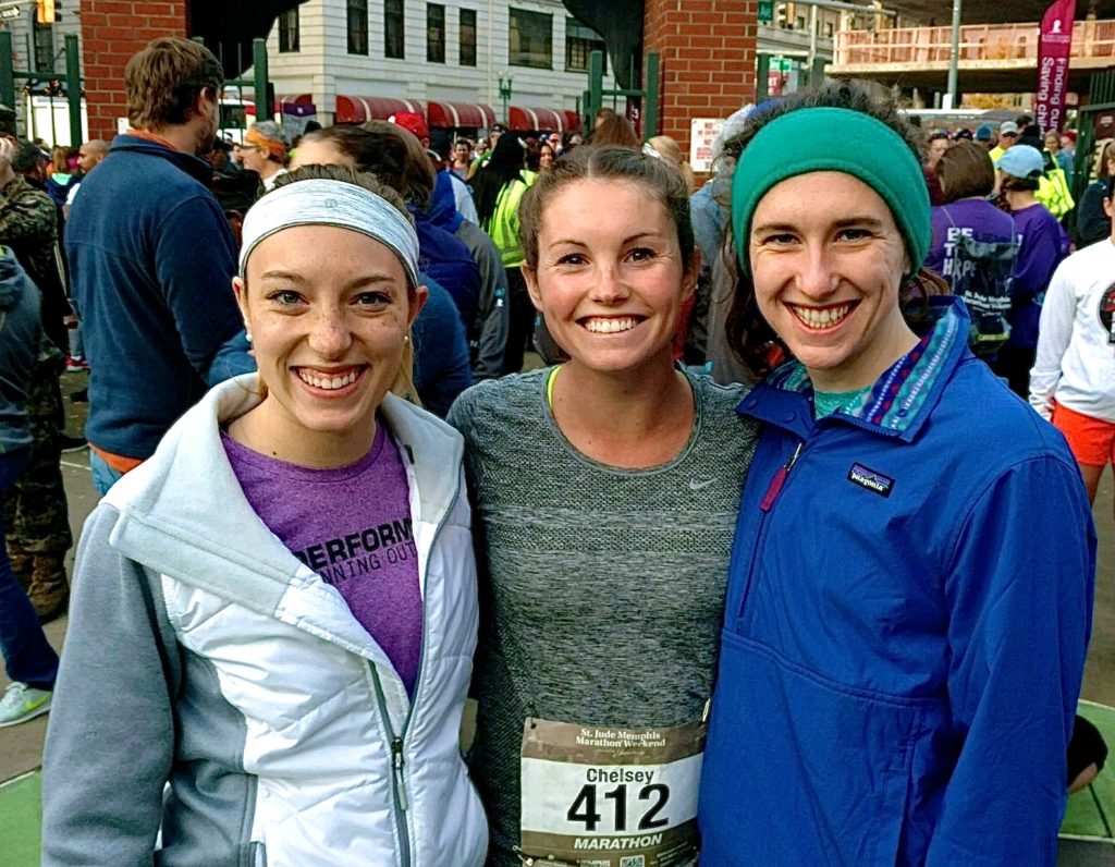 Standing with my college teammates just before the start of our first Marathon, the St. Jude Marathon in Memphis, Tennessee.