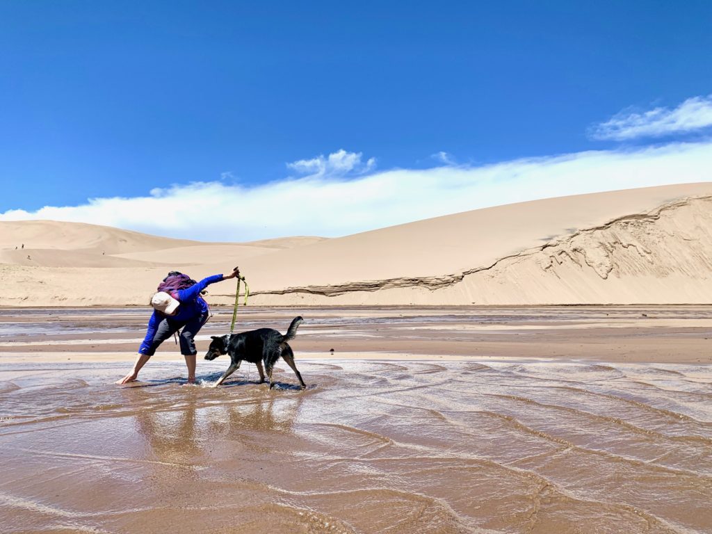 Splashing in Medano Creek at Great Sand Dunes National Park in Colorado.