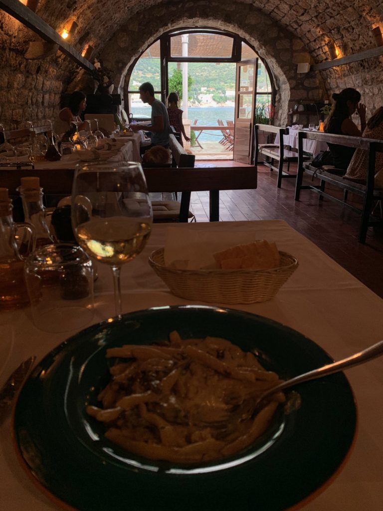 Dining on homemade pasta in Croatia.